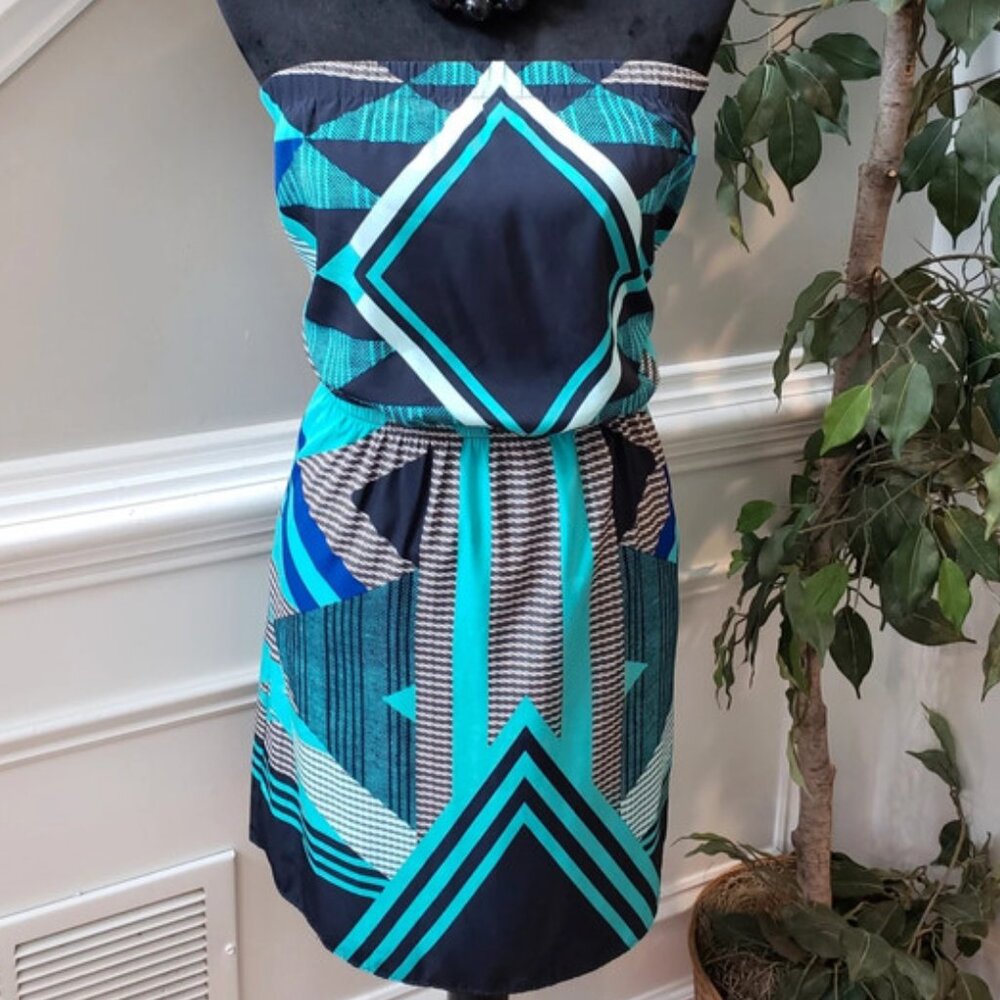 Express Fit & Flare Dress Womens Size S Green & Blue Polyester Off The Shoulder